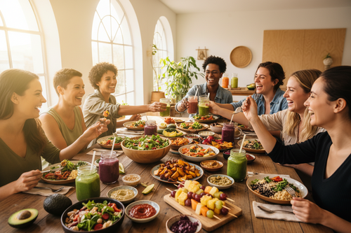 Group of people enjoying a meal together at a dining table with various dishes and drinks.