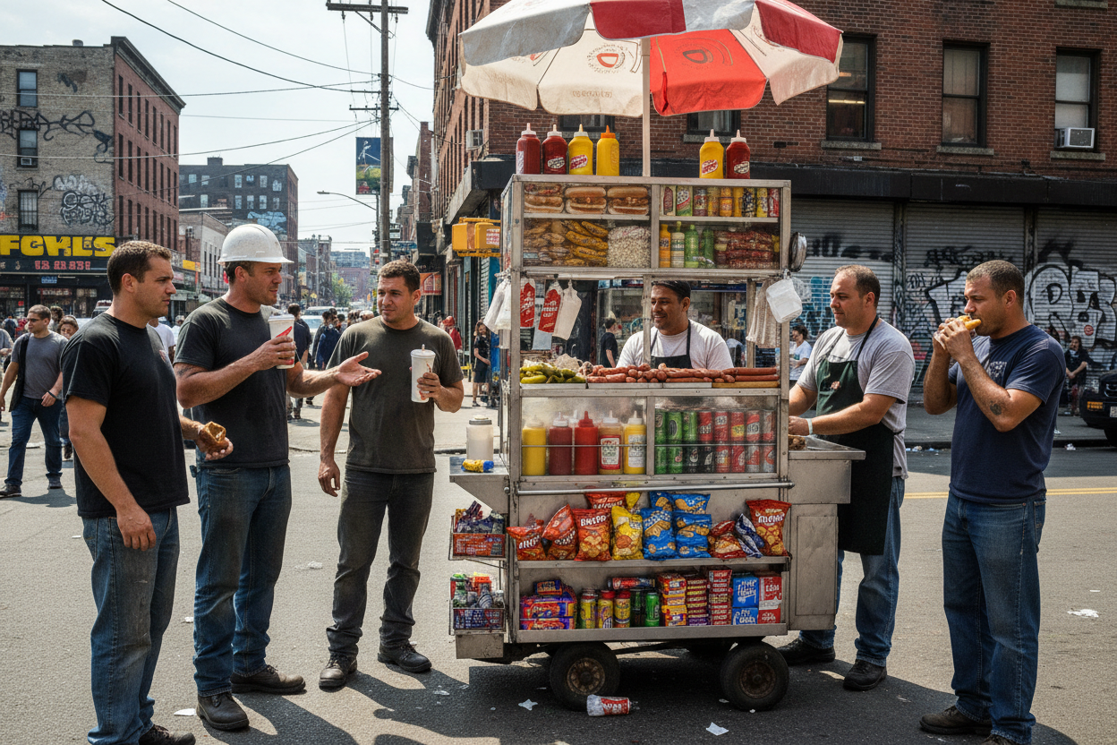 hardworking men standing in front of hot dog stand junk foods abound