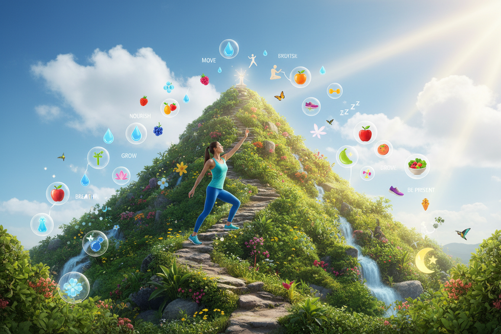 Woman running on a path up a green mountain with various icons and elements floating around her.